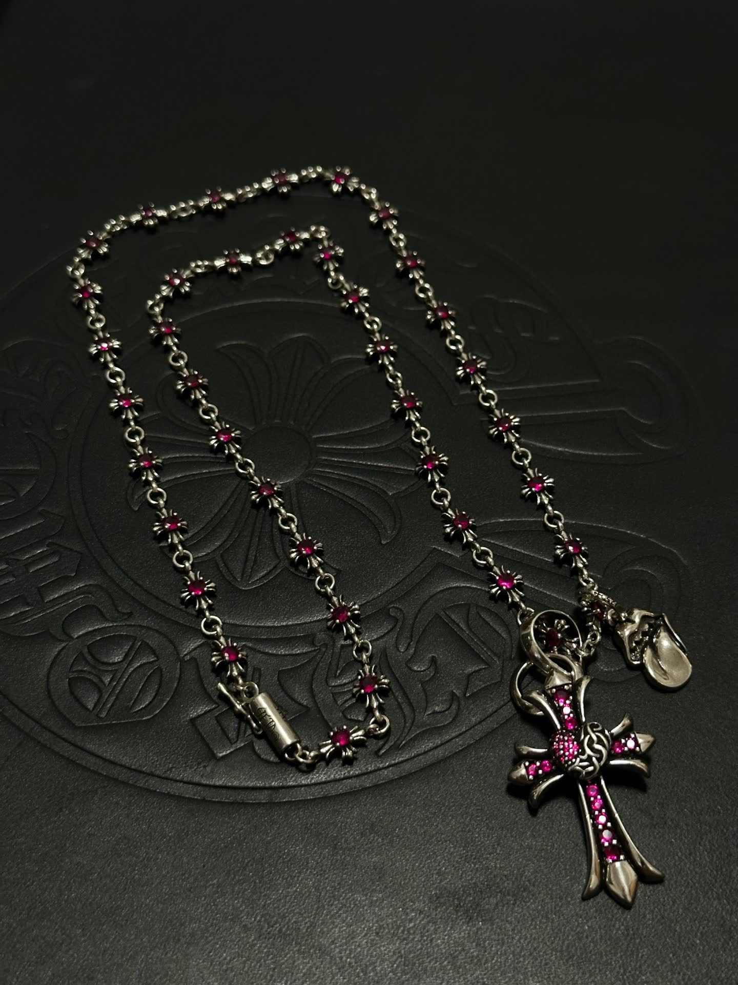 Chrome Hearts Black Cross Necklace with Pink Stones